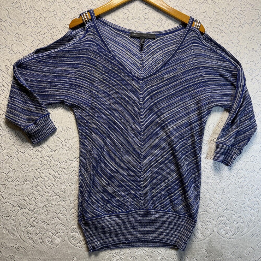 White House Black Market Sweater Womens XS Blue Striped Strap 3/4 Sleeve Knit